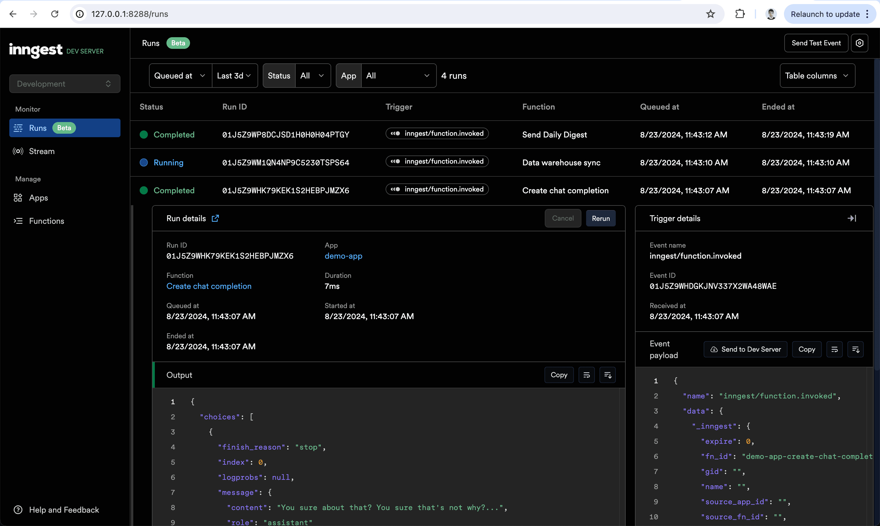 The Inngest Dev Server on the Functions page